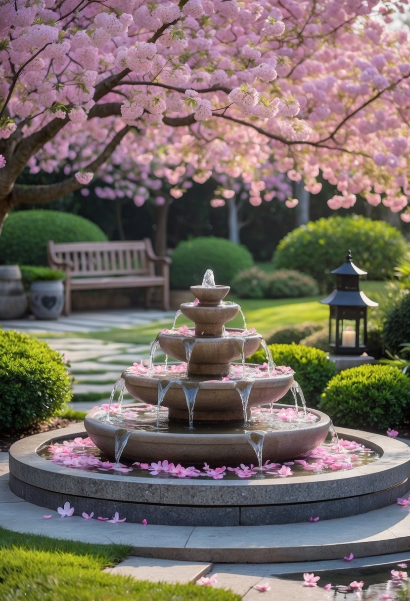 A stone fountain surrounded by blooming cherry blossom trees and green shrubs in a landscaped garden.