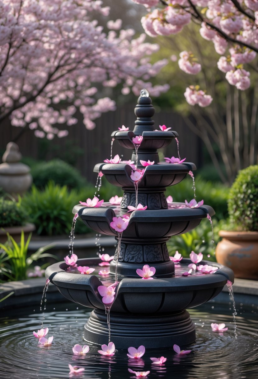 A cherry blossom fountain surrounded by green plants and blooming cherry blossom trees in an outdoor garden.