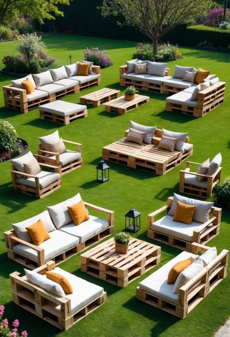 Outdoor garden with various wooden pallet furniture pieces including sofas, chairs, benches, and tables surrounded by plants and greenery.