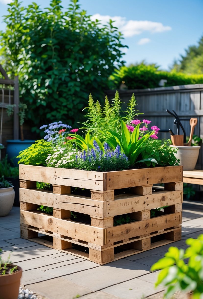 Outdoor garden scene with a wooden pallet planter box filled with green plants and colorful flowers on a sunny patio.