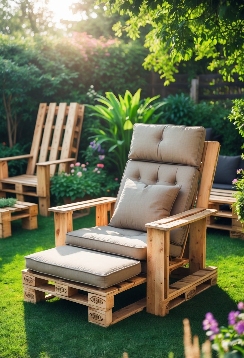 A wooden pallet recliner chair with cushions in a garden surrounded by plants and flowers.