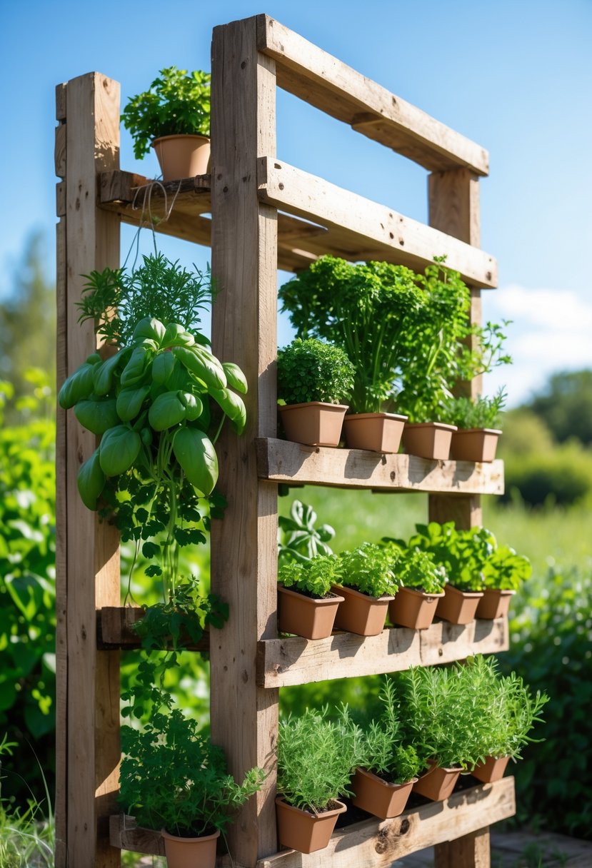 A wooden pallet converted into a vertical herb garden with various fresh green herbs growing in it outdoors.