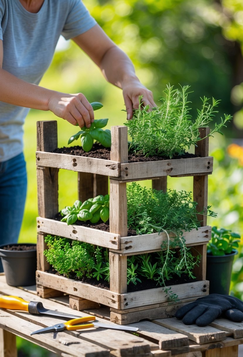 Hands preparing a wooden pallet with fresh herb plants and gardening tools outdoors.
