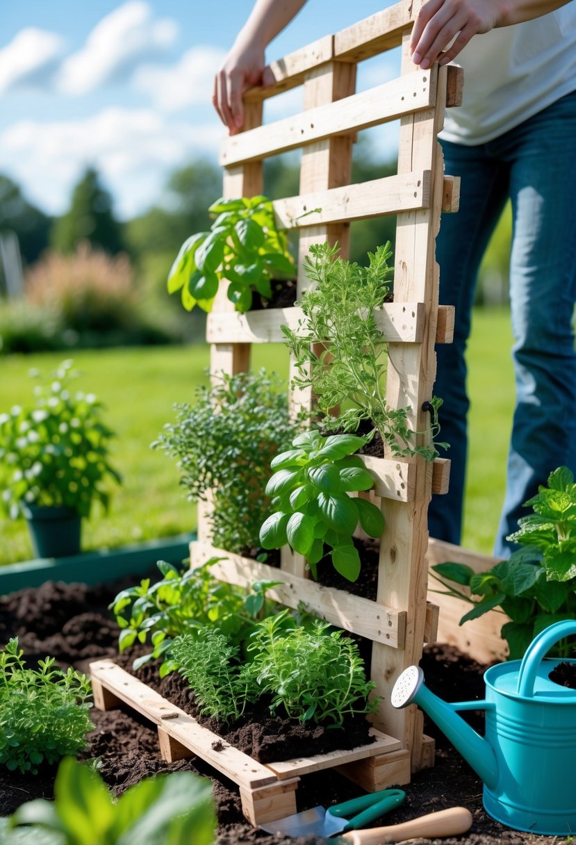 Person assembling a wooden pallet vertically with green herbs growing in it outdoors in a garden.