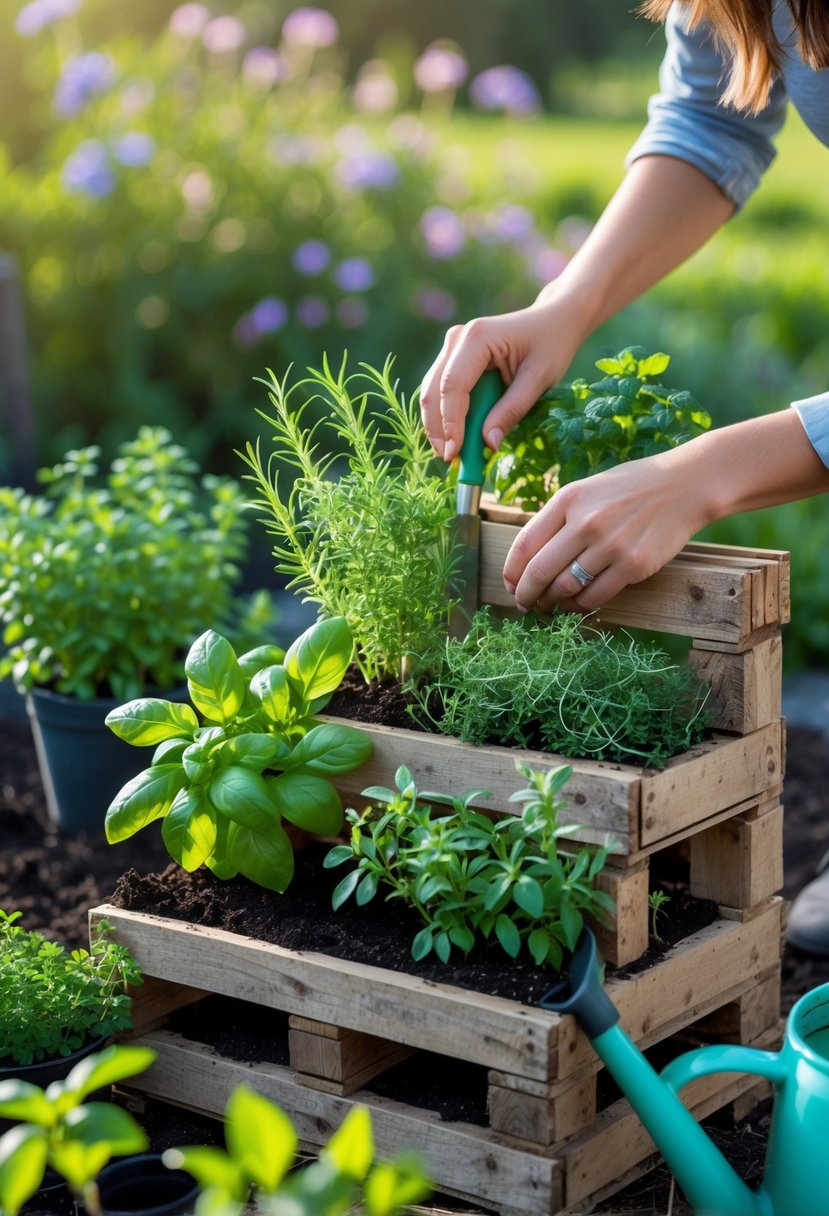 Hands planting fresh herbs in a wooden pallet turned into a vertical herb garden outdoors.