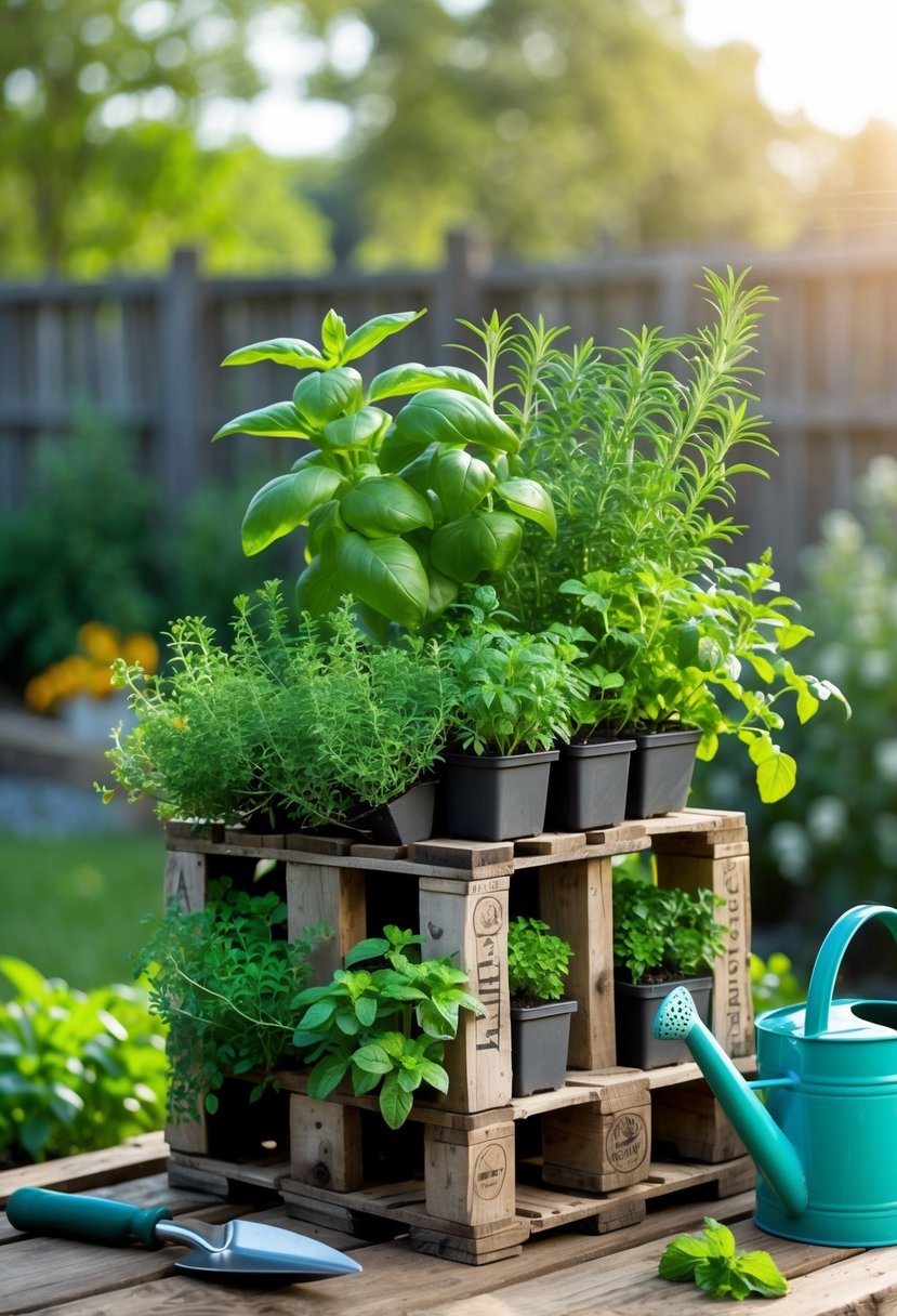 An upright wooden pallet filled with various green herbs growing outdoors, with gardening tools nearby and a garden background.