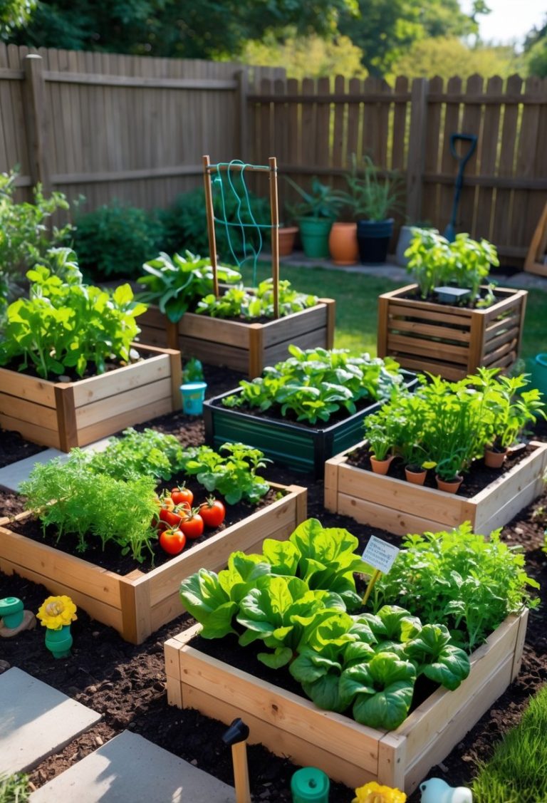A backyard with several small vegetable garden setups including raised beds, vertical trellises, and container gardens filled with various healthy vegetables and herbs.