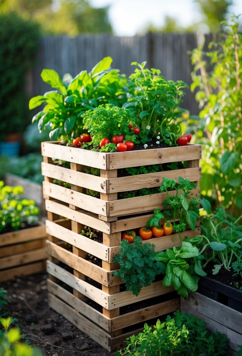 Stacked wooden crate planters filled with various healthy vegetable plants in a small outdoor garden.