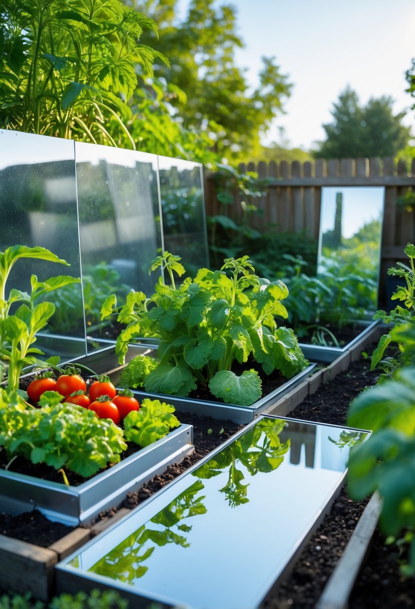 A small vegetable garden with various plants and reflective surfaces positioned to direct sunlight onto the vegetables.