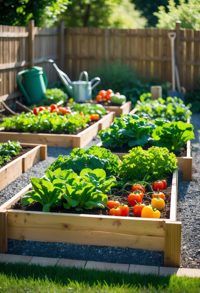 A backyard with several raised garden beds growing various vegetables, surrounded by green grass and a wooden fence.