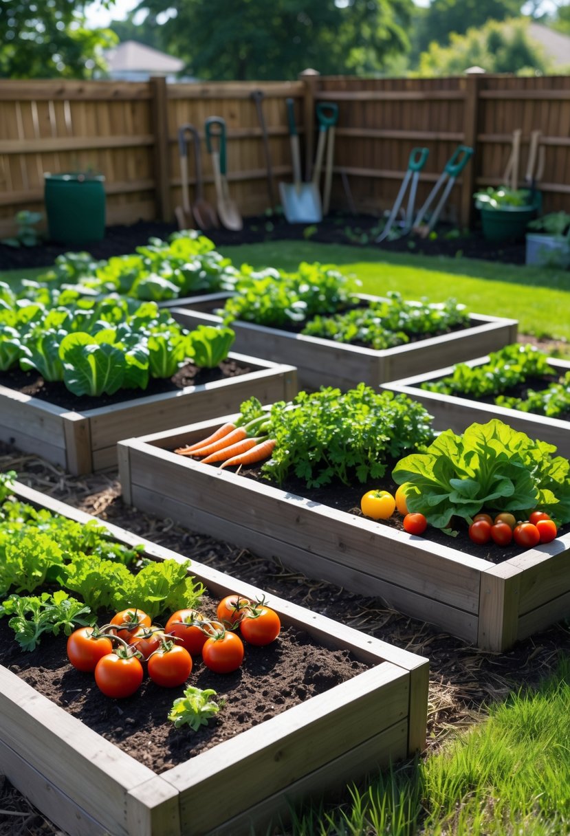 A backyard vegetable garden with organized raised beds full of various vegetables and clear pathways between them.