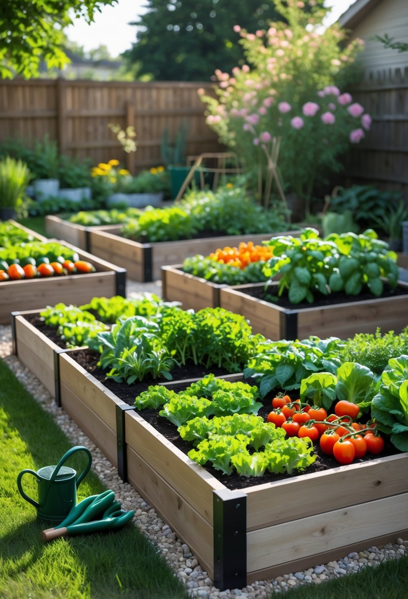 A backyard vegetable garden with multiple raised beds growing various vegetables separated by pathways, surrounded by grass and a wooden fence.