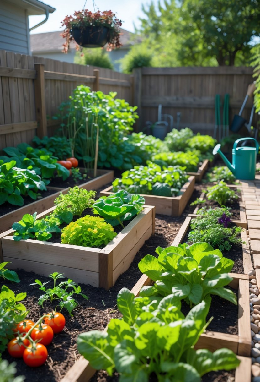 A small backyard vegetable garden with neatly arranged raised beds and pathways, filled with various healthy vegetables and herbs.