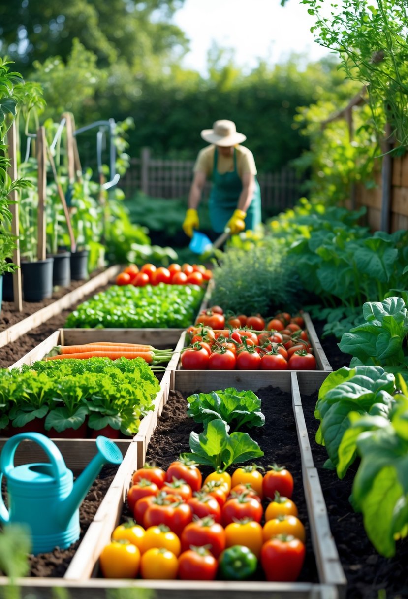 A backyard vegetable garden with neatly arranged rows of healthy vegetables and a gardener tending to the plants.