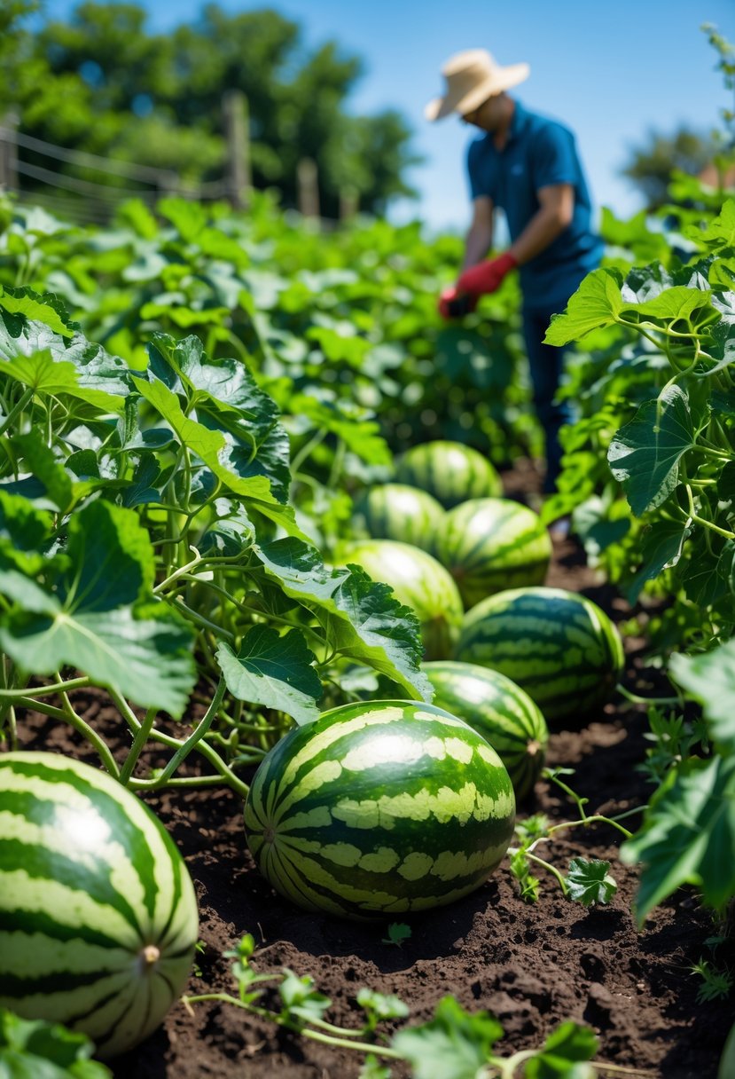 A gardener tending to a watermelon patch with ripe watermelons growing among green vines in a sunny garden.
