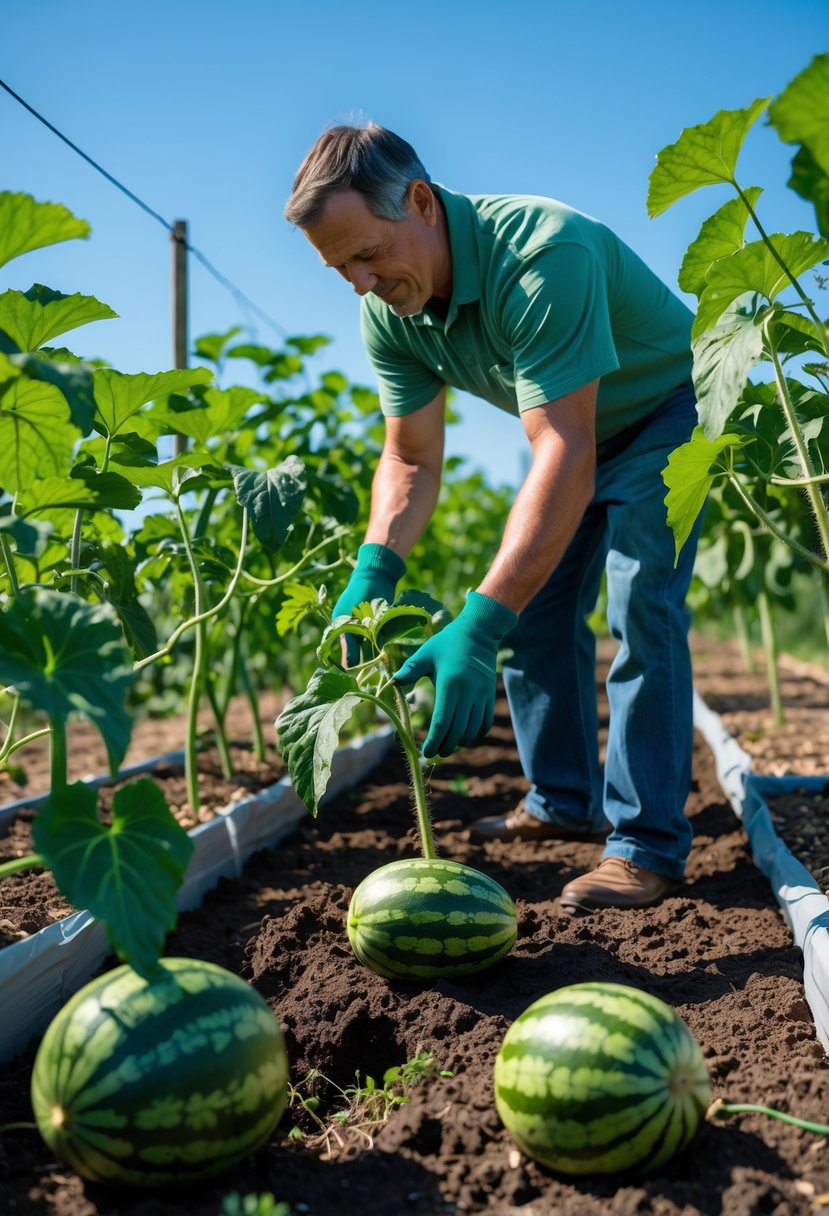 A person planting watermelon seedlings in a sunny garden with green watermelon vines and small watermelons growing.