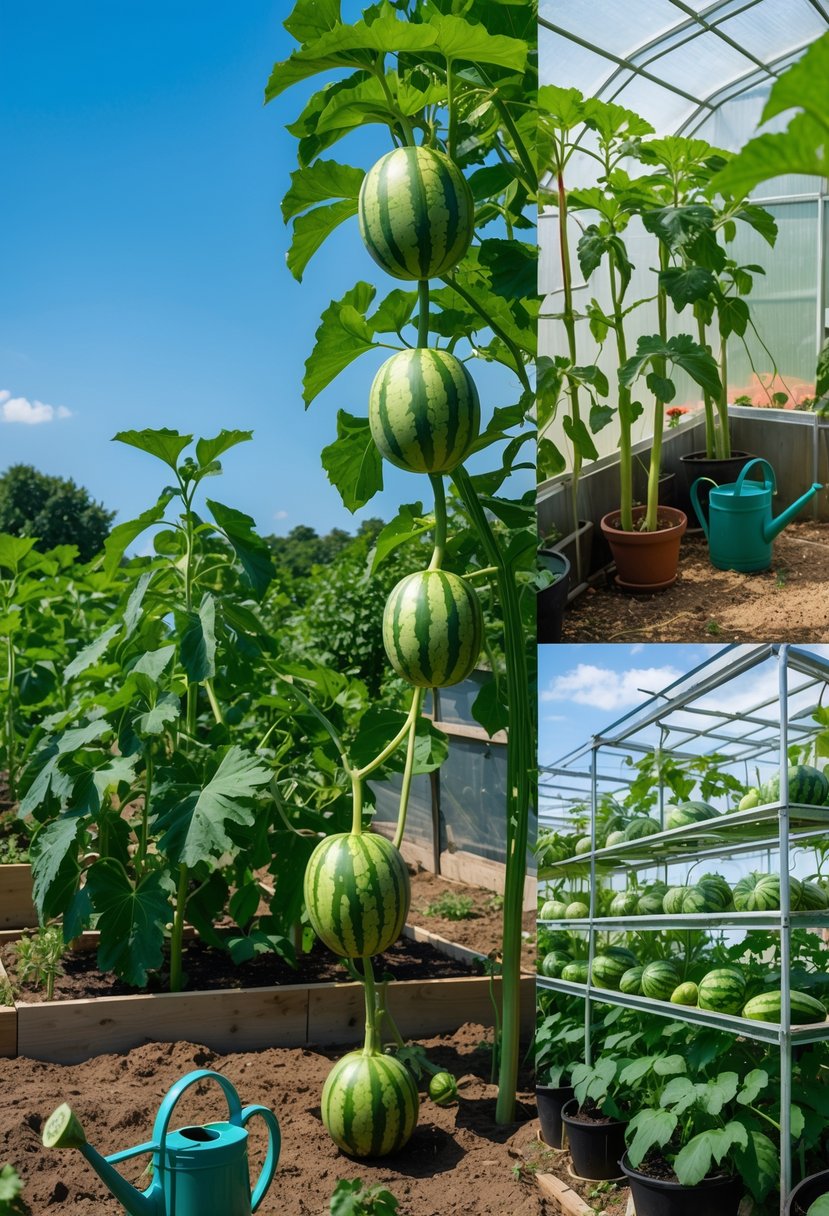 Various watermelon plants growing in an outdoor garden bed, urban balcony pots, and a greenhouse, showing ripe watermelons and green leaves.
