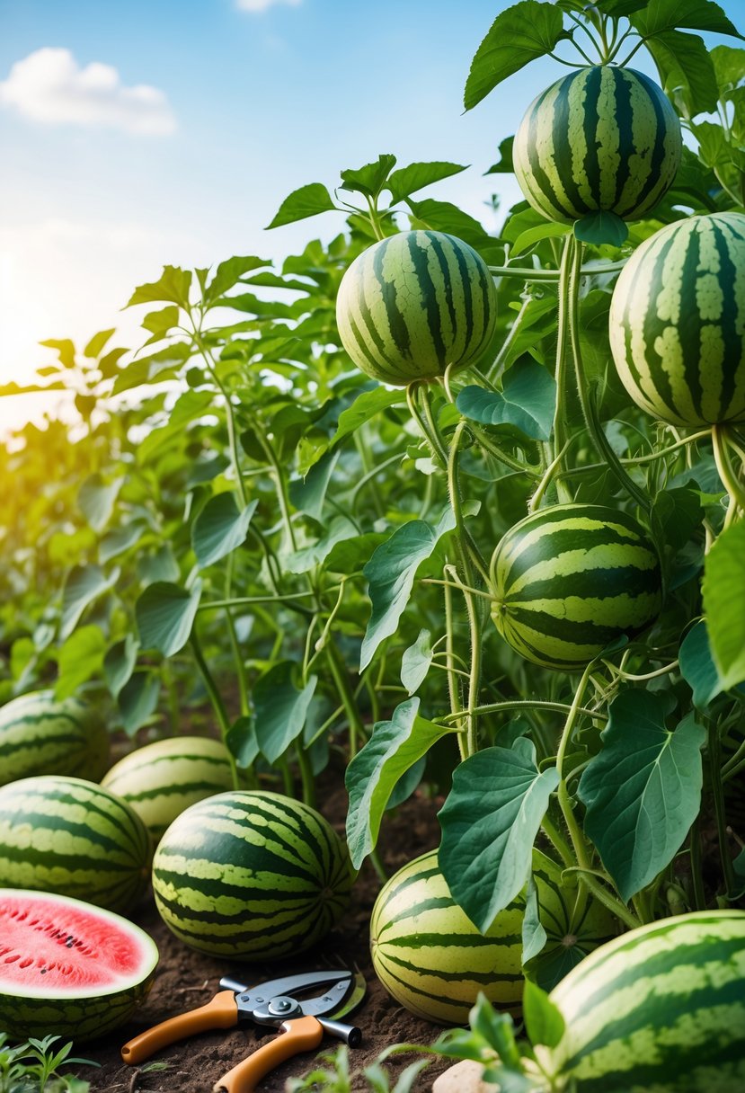 A garden with different types of watermelons growing on green vines among gardening tools under a sunny sky.
