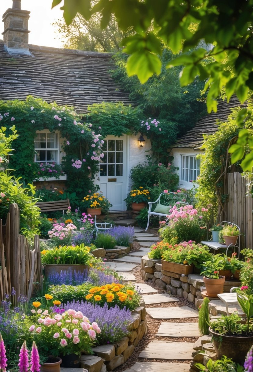A small cottage garden with colorful flowers, stone pathways, wooden fences, and a cozy cottage in the background.