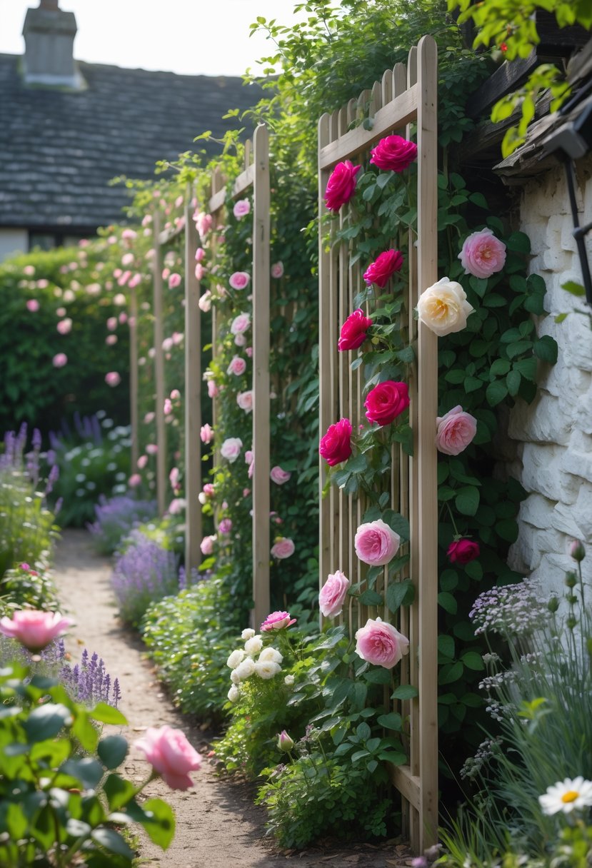 A small cottage garden with vertical wooden trellises covered in blooming climbing roses and various other flowering plants near a cottage wall.