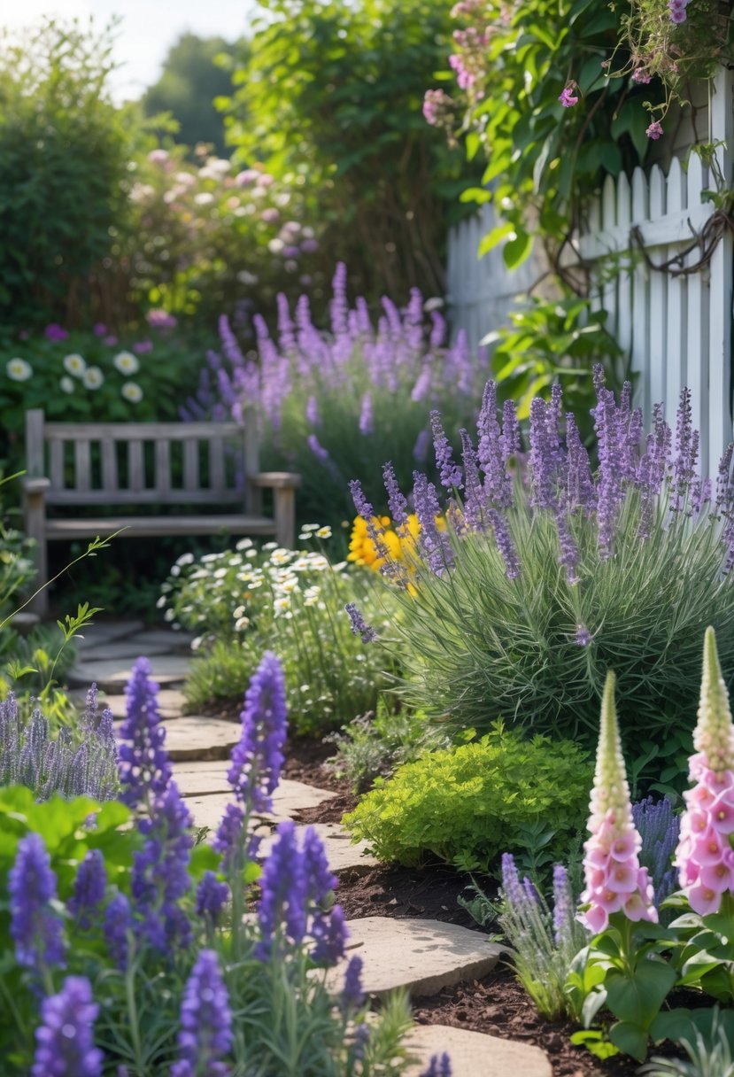 A small cottage garden filled with blooming lavender plants, colorful flowers, a wooden bench, stone pathways, and a white picket fence.