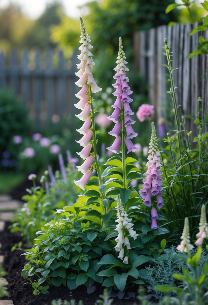 A small cottage garden with compact foxglove plants of varying heights surrounded by other flowers and greenery.