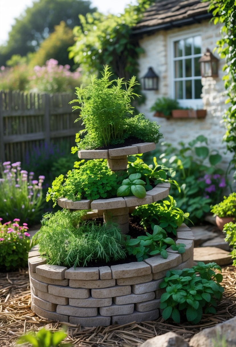A small herb spiral garden with various green herbs growing in a circular stone structure, surrounded by flowering plants and a cottage wall with climbing vines.