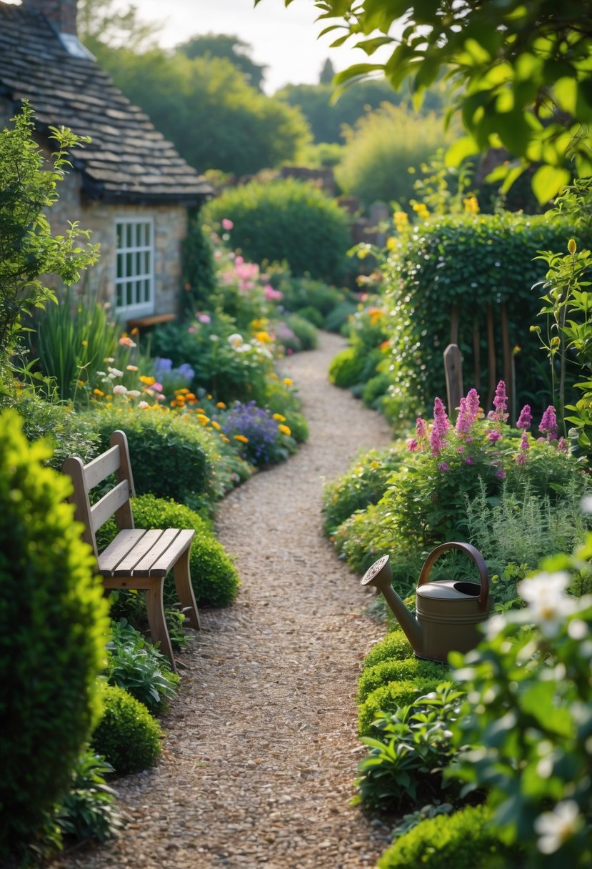 A narrow gravel path winds through a small garden filled with colorful flowers and greenery, leading toward a quaint cottage.