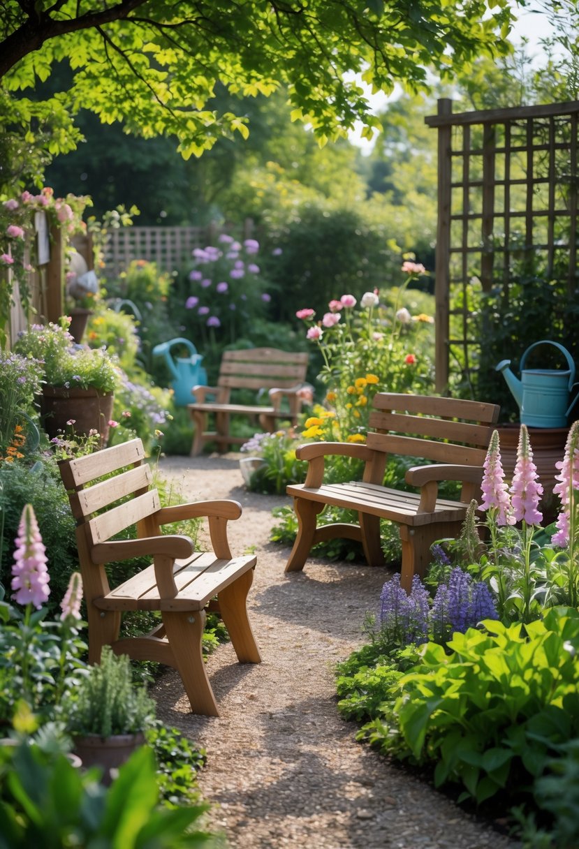 A garden with several wooden benches surrounded by colorful flowers and greenery under soft sunlight.