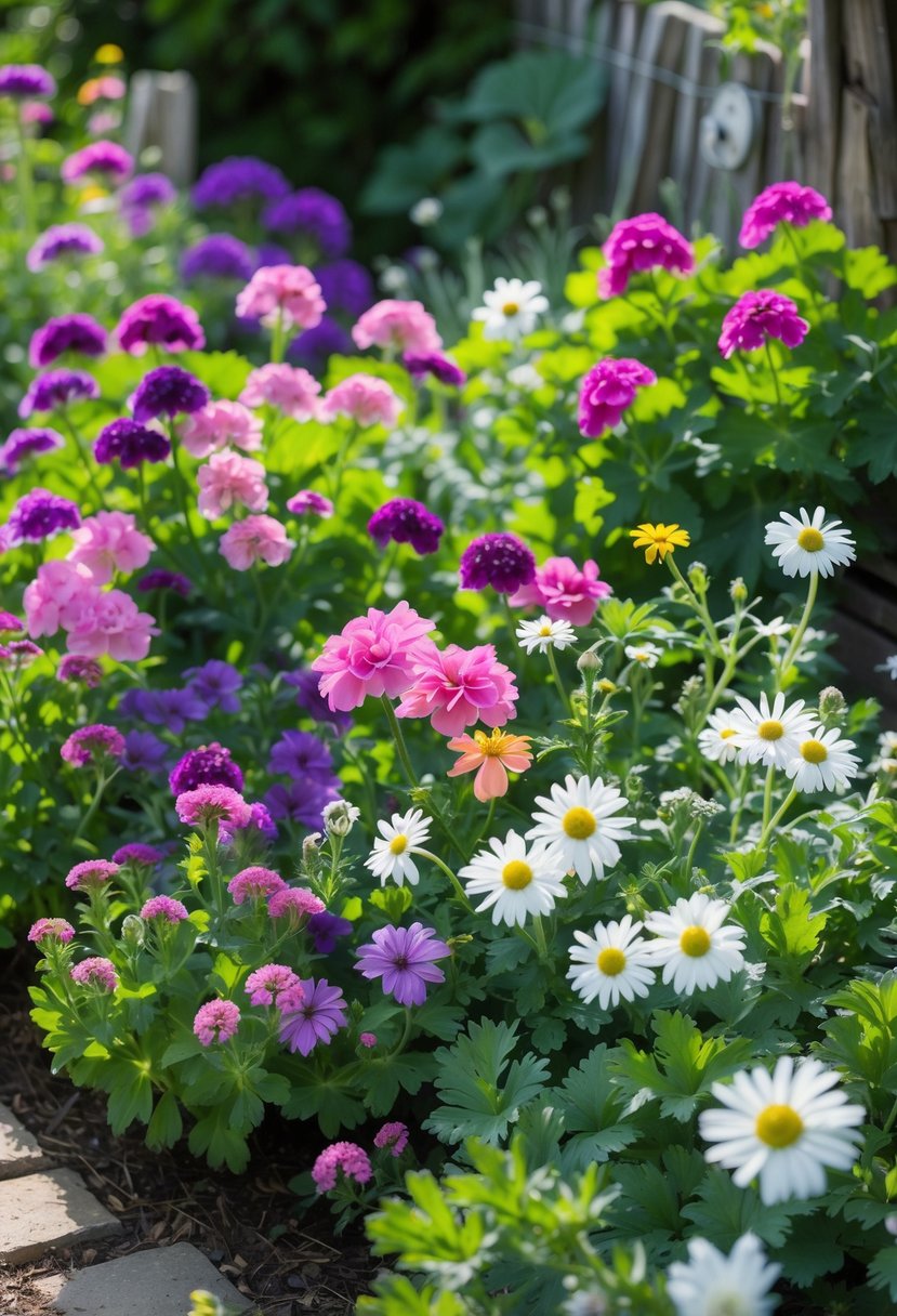 A small cottage garden filled with blooming hardy geraniums and white daisies surrounded by green foliage.