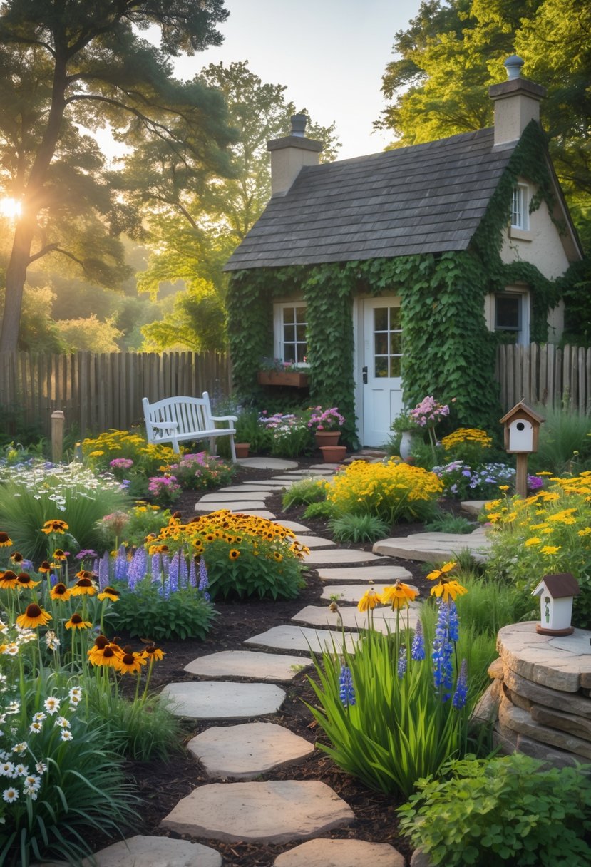 A small cottage garden filled with colorful native wildflowers, stone paths, and a wooden bench beside a rustic fence.