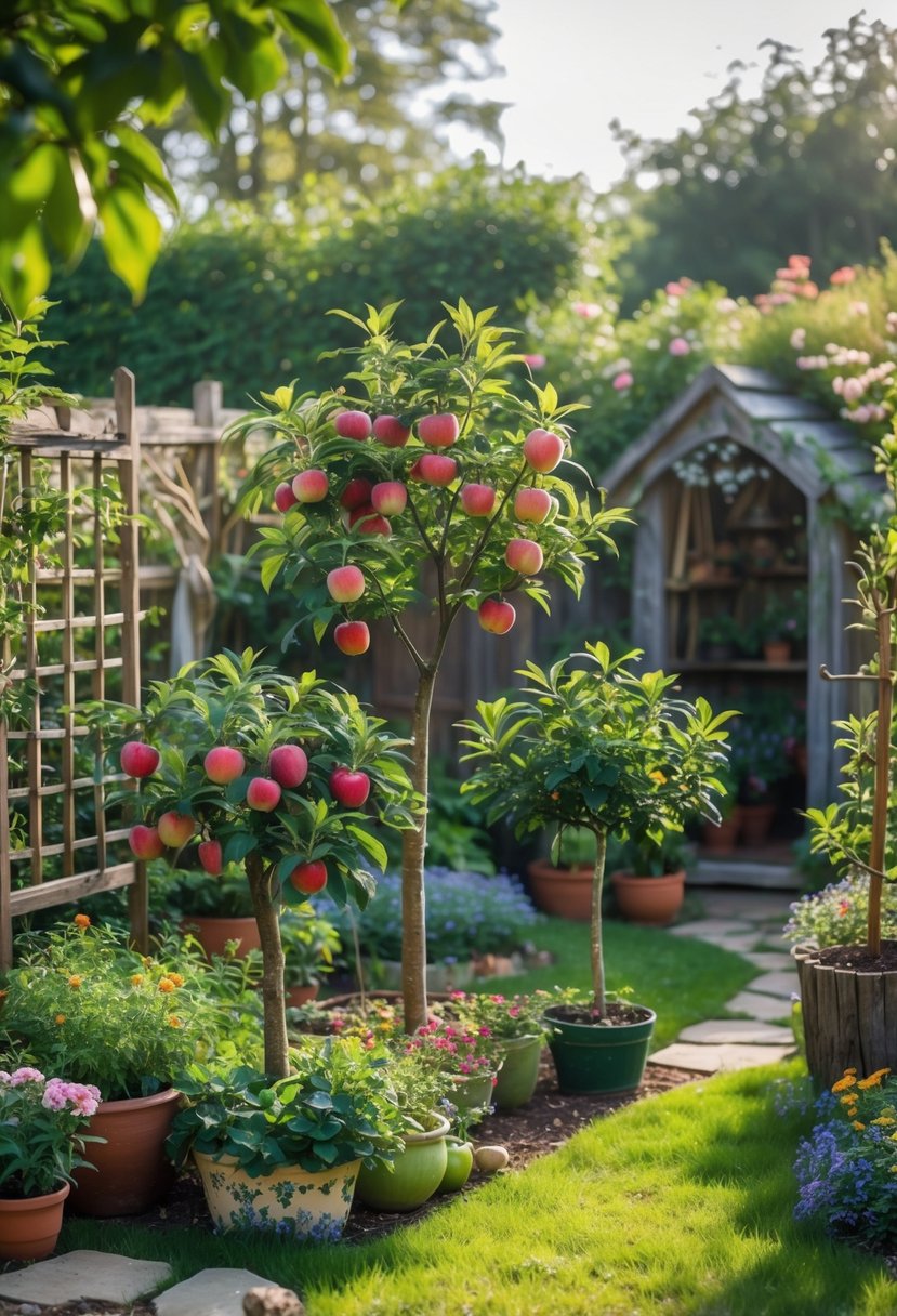 A small cottage garden with dwarf fruit trees, including miniature apple trees with red apples, surrounded by flowers and stone pathways.