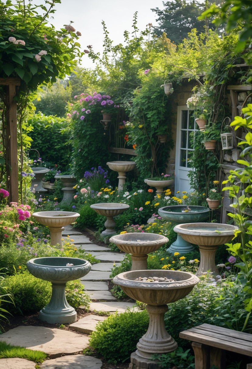 A small garden with multiple birdbaths surrounded by flowers, plants, and stone pathways.