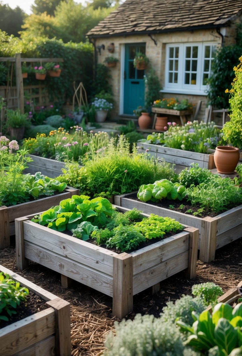 A small garden with weathered wooden raised beds filled with various plants including flowers, herbs, and vegetables, surrounded by garden paths and a cottage in the background.