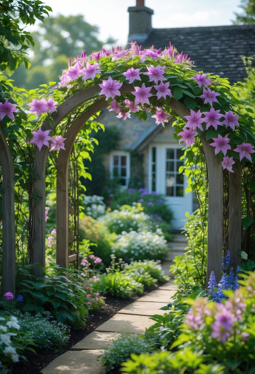 A small garden with wooden archways covered in blooming clematis flowers surrounded by various colorful plants and greenery.