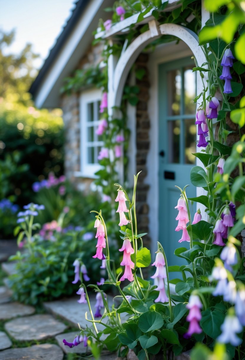 A small cottage entrance surrounded by blooming sweet pea plants with pink, purple, and white flowers, along with other green plants and flowers.