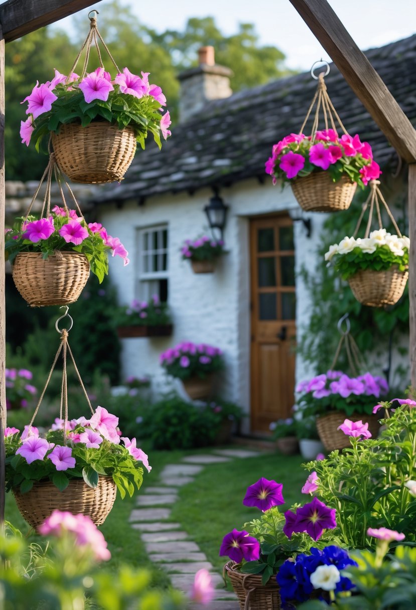 A small cottage garden with 15 hanging baskets filled with colorful petunias in bloom.