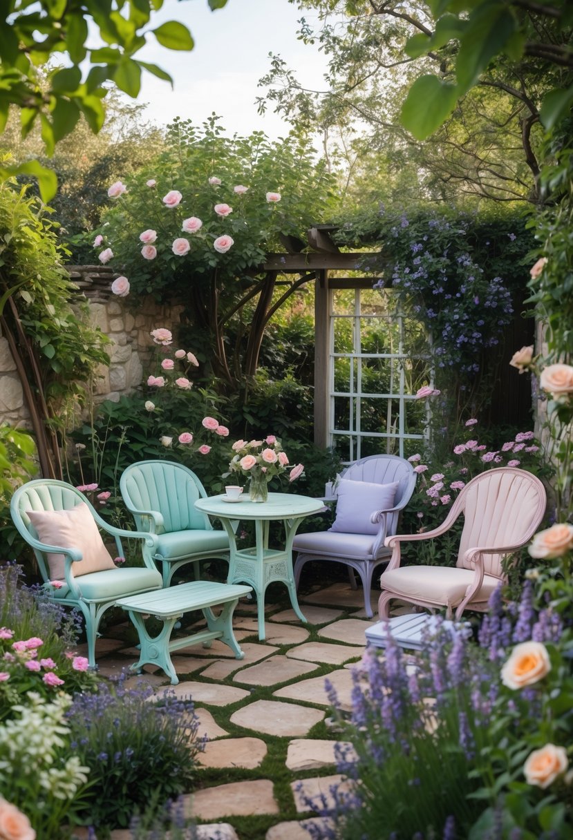 A small garden with pastel-colored chairs and tables surrounded by blooming flowers and greenery.