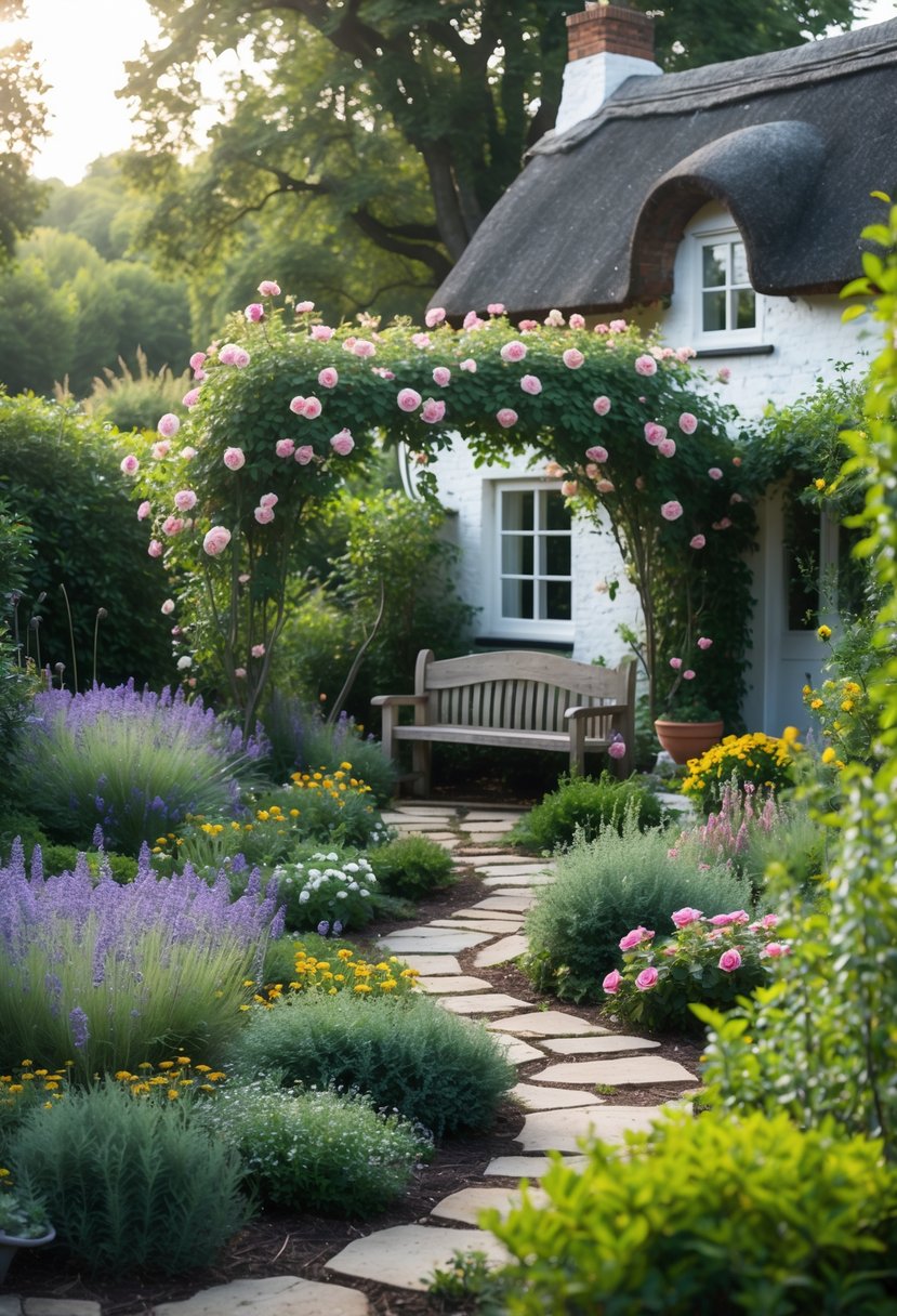 A small cottage garden with colorful flowers, stone pathways, a wooden bench under a flowering archway, and a quaint cottage in the background.