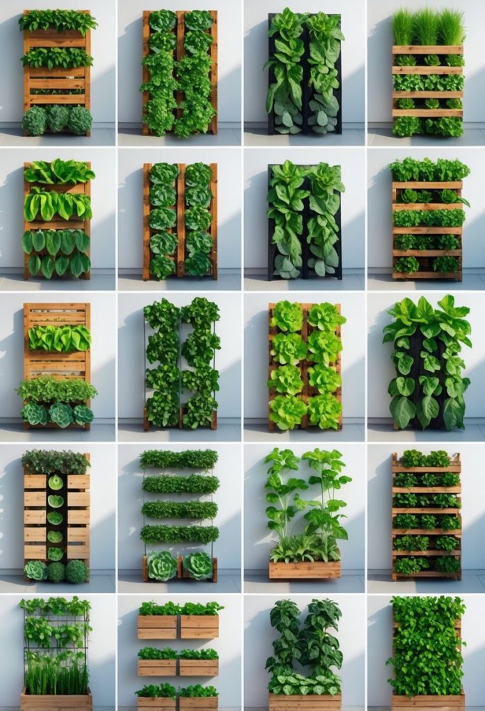 Sixteen different compact vertical vegetable gardens growing fresh greens in a small outdoor space.