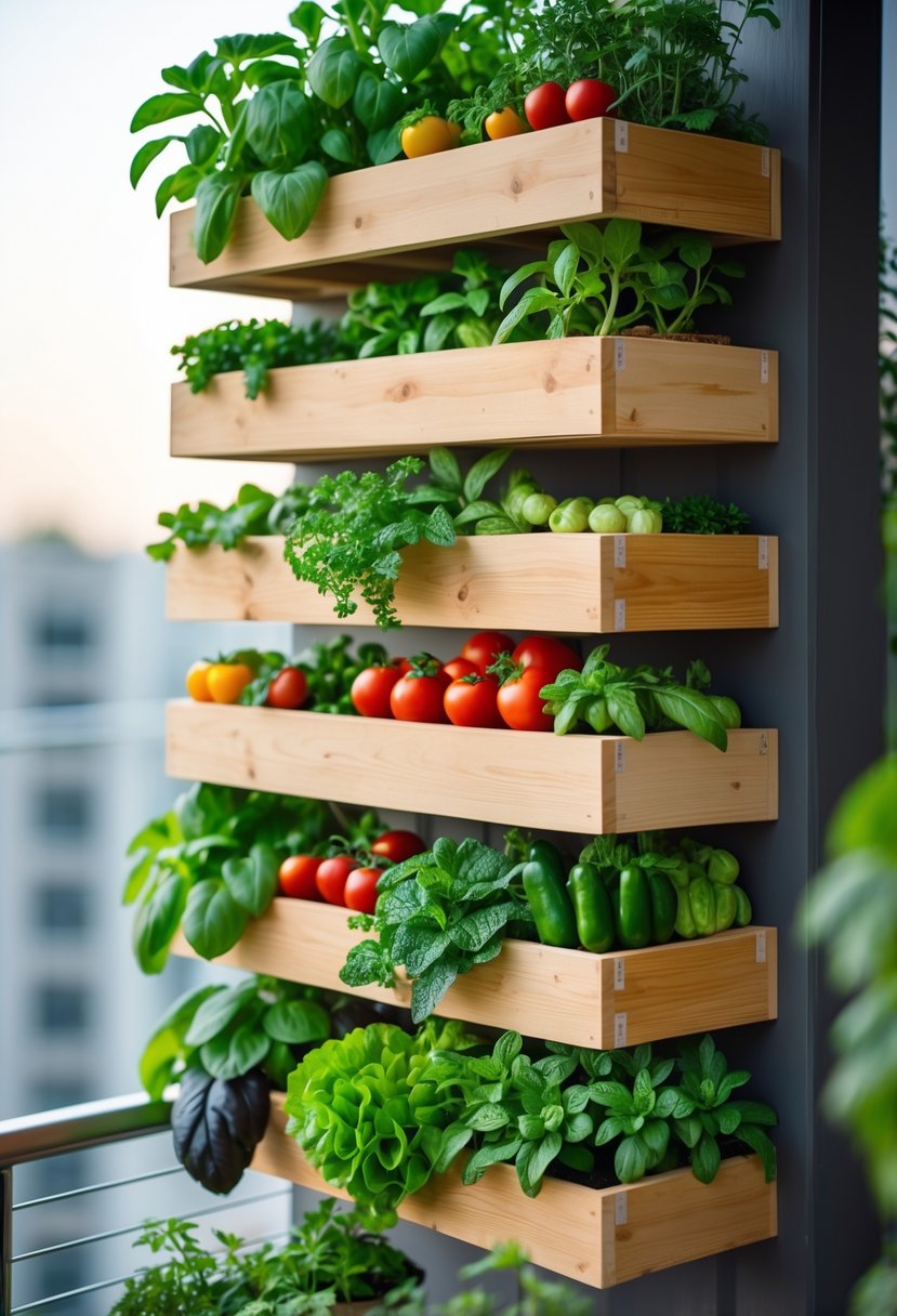 Stacked wooden planter boxes arranged vertically, filled with various fresh vegetables and herbs in a small garden space.