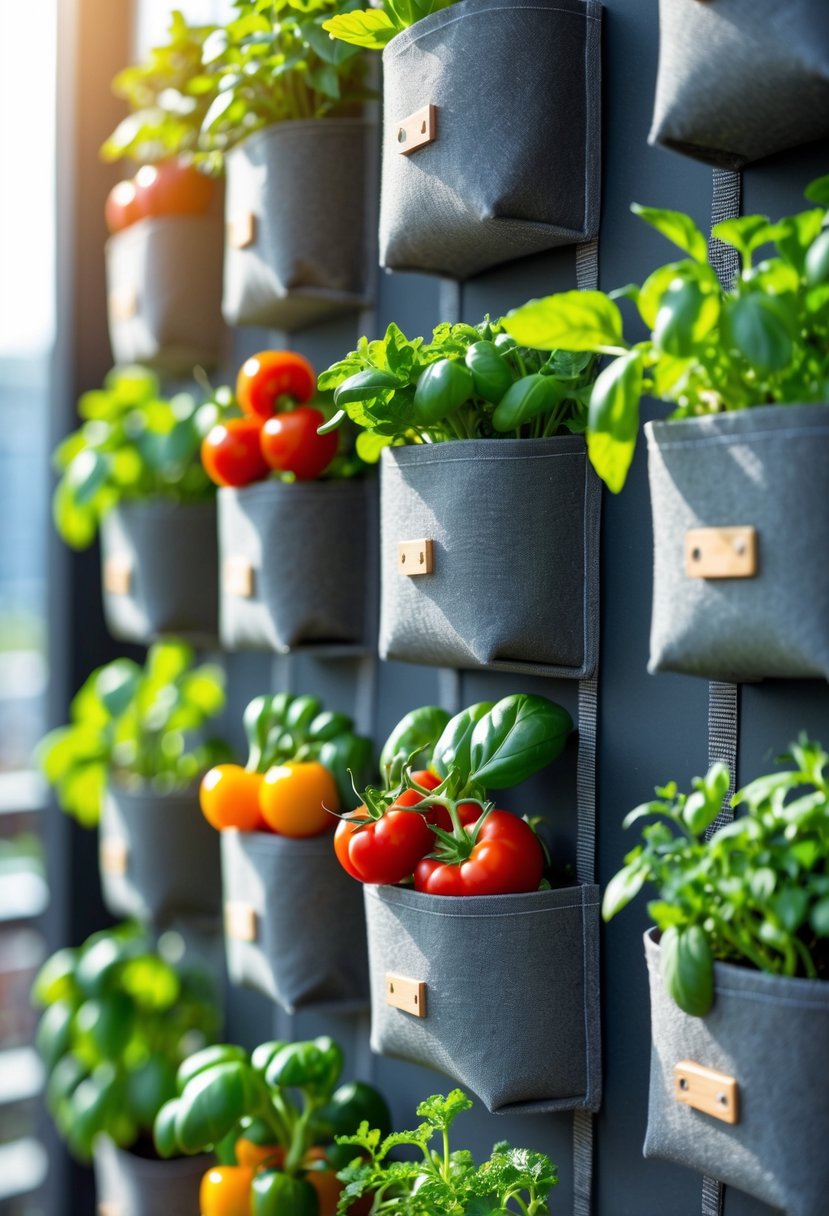 Sixteen vertical hanging pocket planters filled with various fresh vegetables and herbs arranged on a wall in a small garden space.
