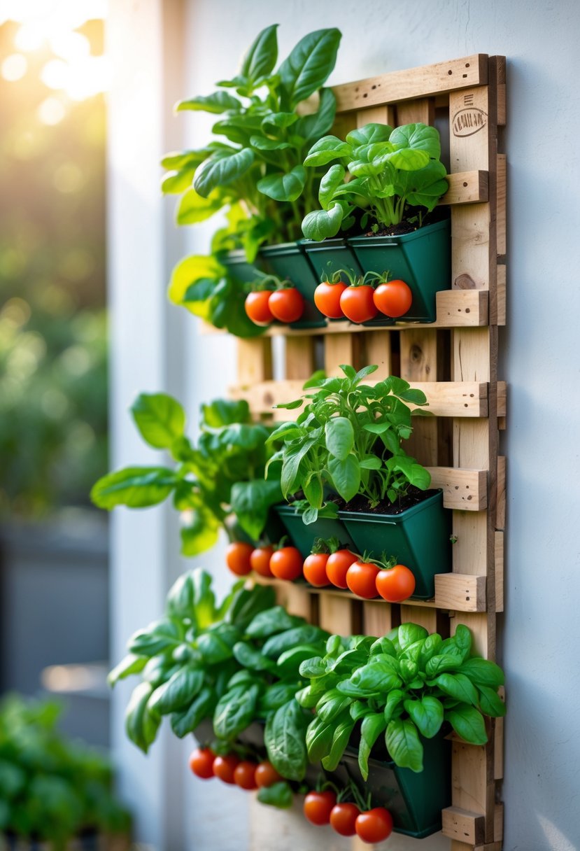 A vertical wooden pallet garden filled with green vegetables and herbs growing in small containers attached to the pallet.