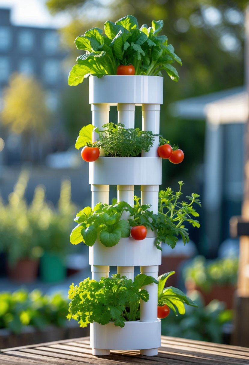 A vertical PVC pipe planter tower with multiple vegetable plants growing in small openings, placed outdoors on a balcony or small garden space.