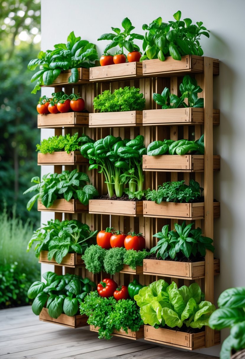 A vertical garden made from recycled wooden crates filled with various green vegetables and herbs arranged on a wall.