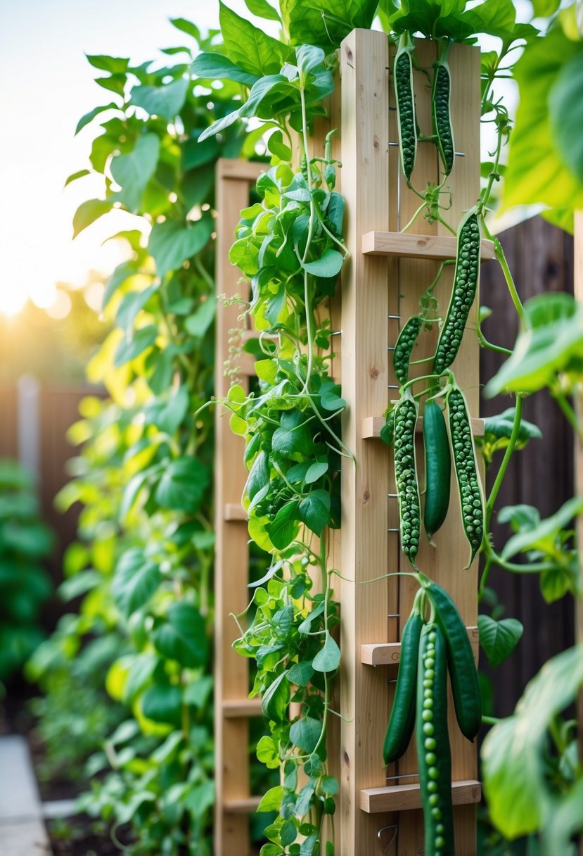 A compact vertical vegetable garden with a wooden trellis supporting climbing vegetables growing upward in a small outdoor garden.