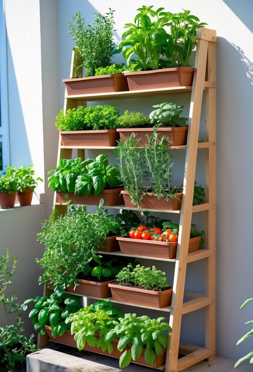 A compact vertical vegetable garden arranged on a wooden step ladder with multiple tiers of green herbs and small vegetable plants in an outdoor small space.