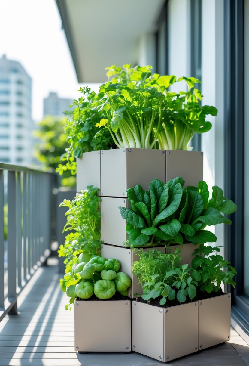 Vertical modular cube planters with fresh vegetables growing in a small outdoor garden space.