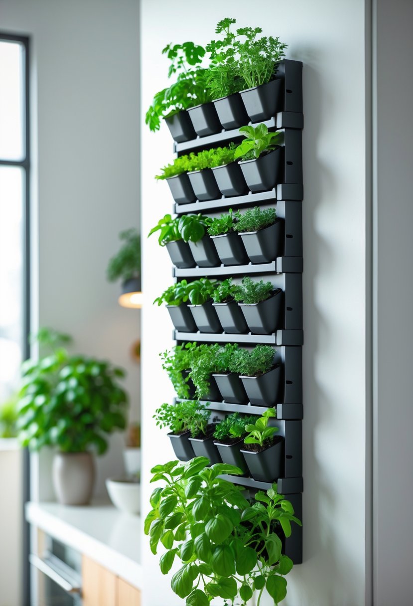 A wall-mounted vertical garden with multiple small pots of green herbs arranged neatly on a modern indoor wall.