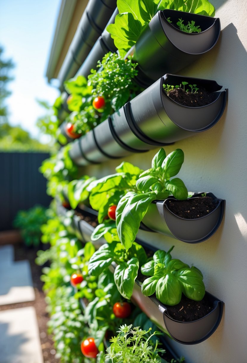 Vertical garden made from rain gutters filled with various green vegetables and herbs in a small outdoor space.